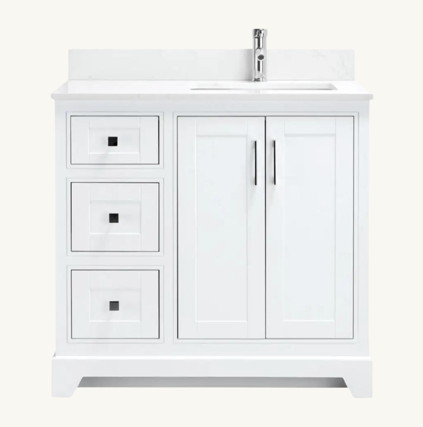 white bathroom vanity with chrome and black hardware